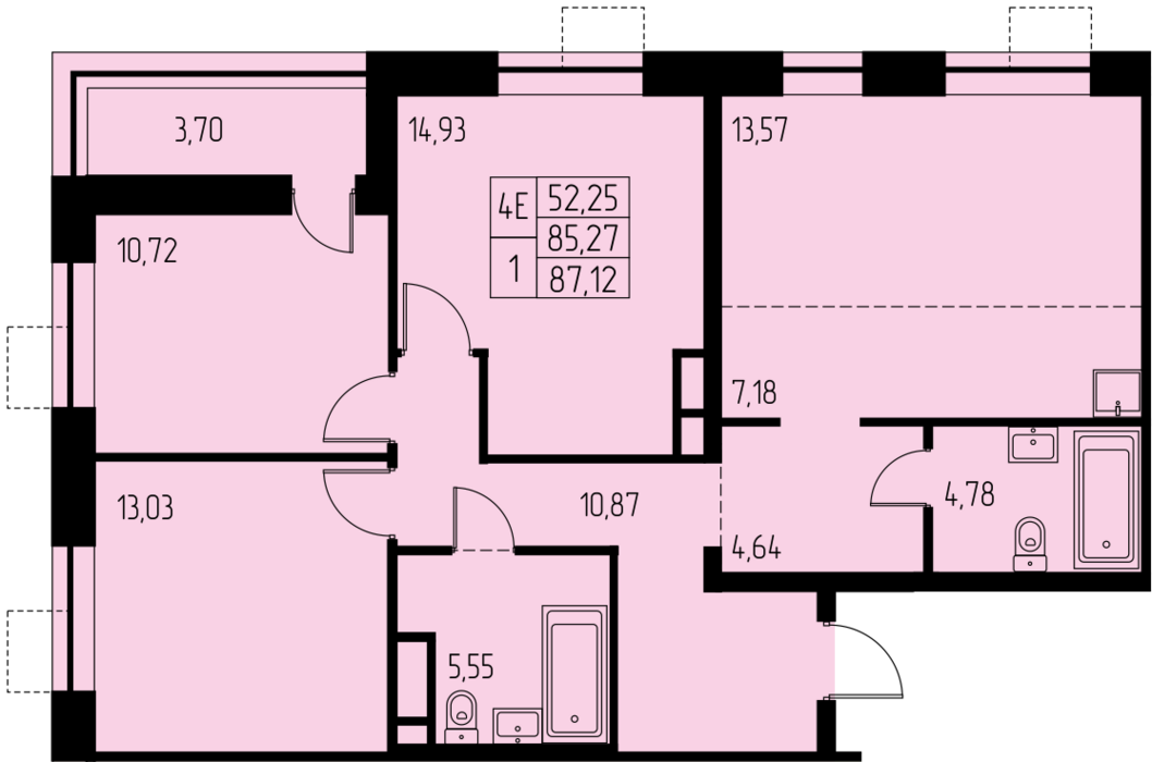 4 комн. квартира, 87.1 м², 23 этаж 