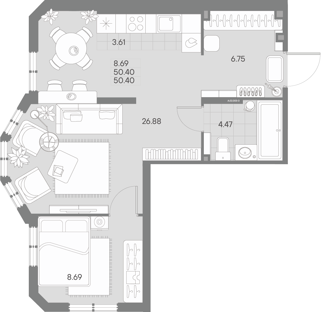 1 комн. квартира, 50.4 м², 2 этаж 