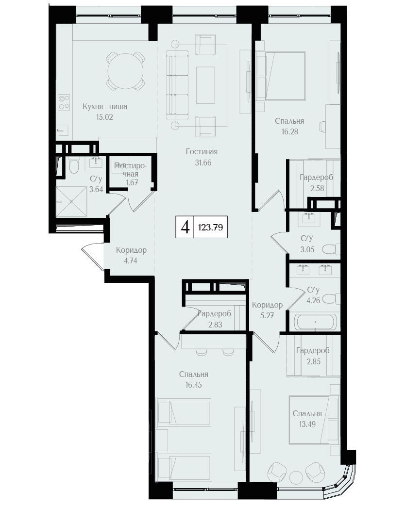 4 комн. квартира, 123.8 м², 17 этаж 