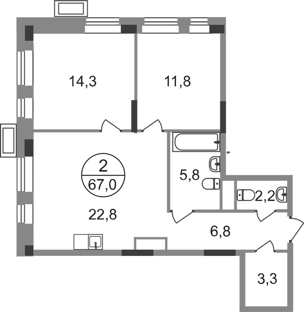 2 комн. квартира, 67 м², 13 этаж  (из 19)