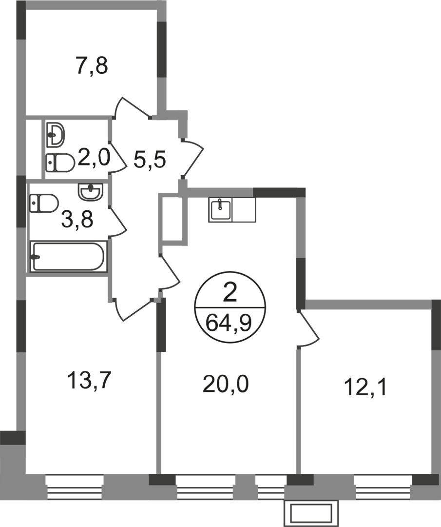2 комн. квартира, 64.9 м², 19 этаж  (из 19)