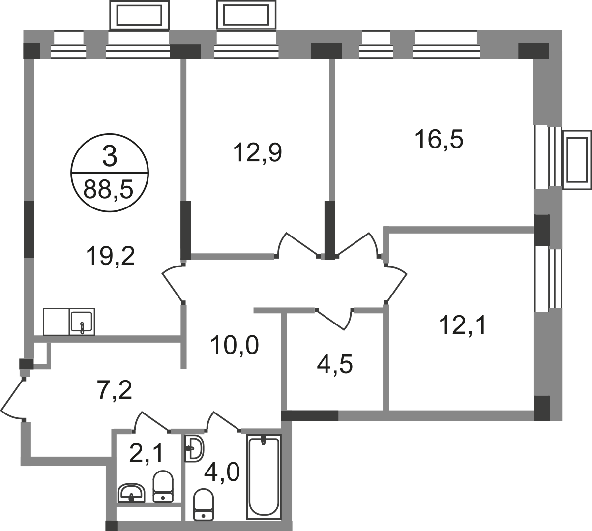 3 комн. квартира, 88.5 м², 2 этаж  (из 19)