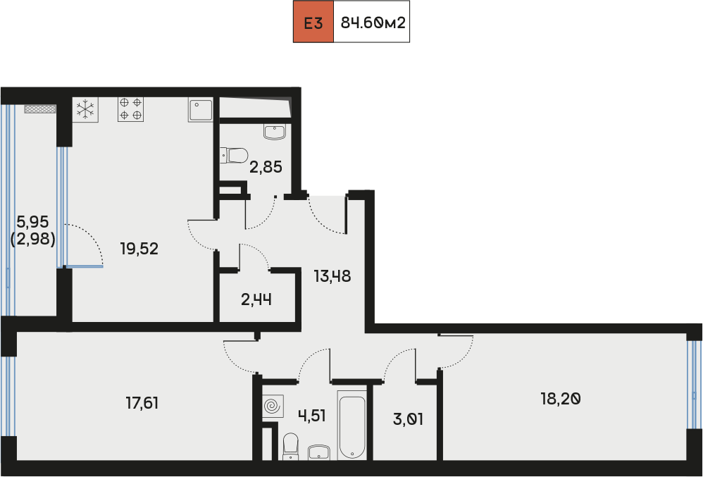 2 комн. квартира, 84.9 м², 3 этаж  (из 9)