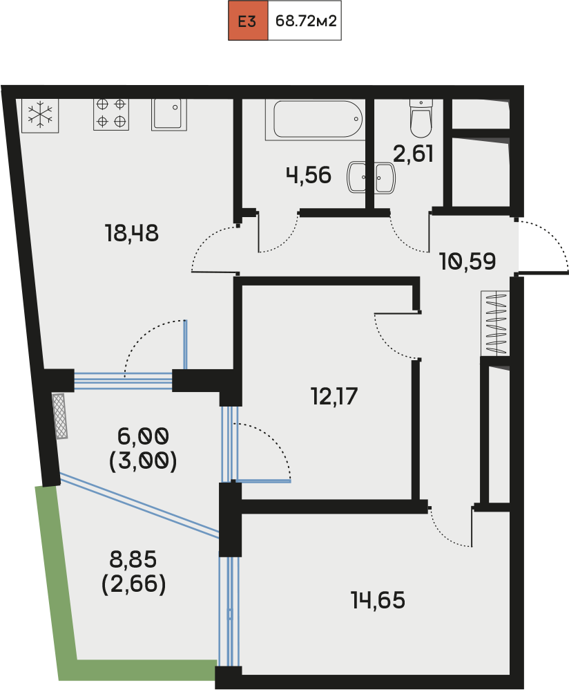 2 комн. квартира, 68.7 м², 2 этаж  (из 9)