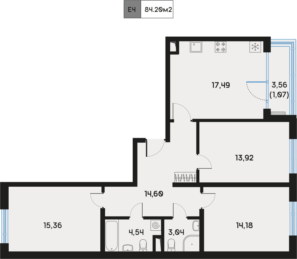3 комн. квартира, 84.7 м², 7 этаж  (из 9)