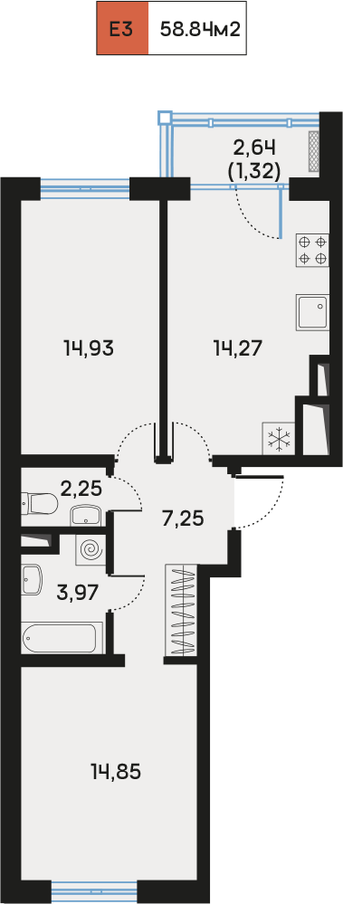 2 комн. квартира, 59.4 м², 3 этаж  (из 9)