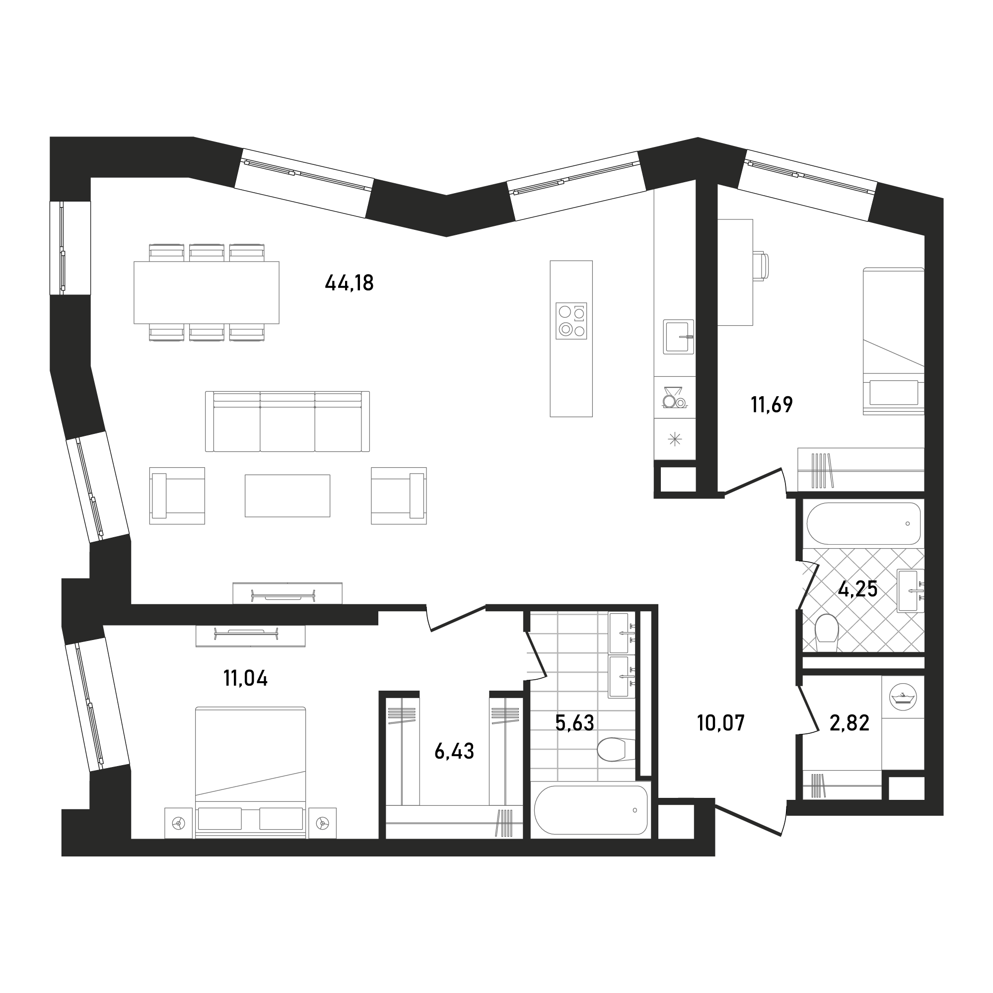2 комн. квартира, 96.4 м², 3 этаж 