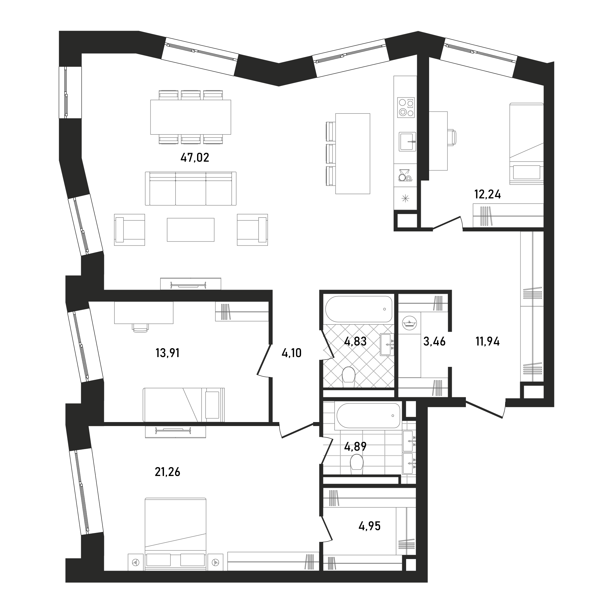 3 комн. квартира, 128.6 м², 23 этаж 