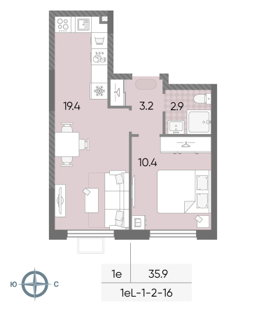 1 комн. квартира, 35.9 м², 2 этаж 