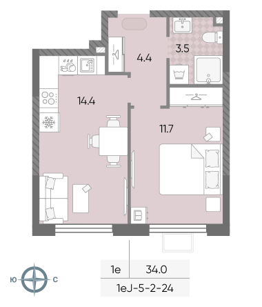 1 комн. квартира, 34 м², 2 этаж 