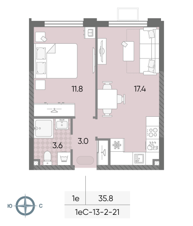1 комн. квартира, 35.8 м², 12 этаж 