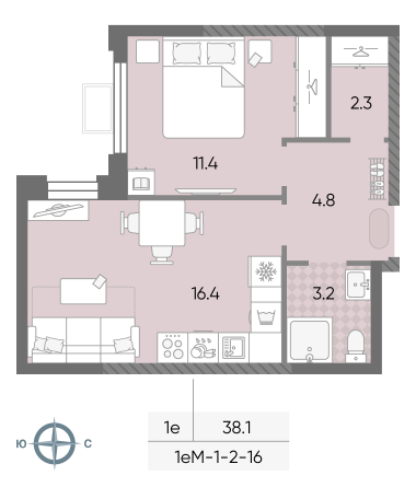 1 комн. квартира, 38.1 м², 2 этаж 