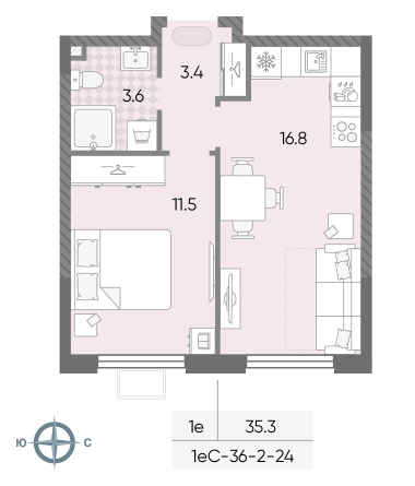 1 комн. квартира, 35.3 м², 2 этаж 