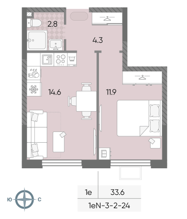 1 комн. квартира, 33.6 м², 2 этаж 