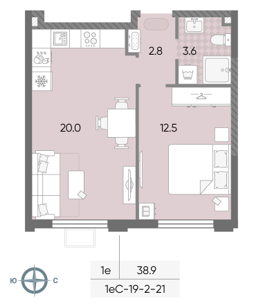 1 комн. квартира, 38.9 м², 15 этаж 