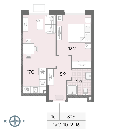 1 комн. квартира, 39.5 м², 2 этаж 
