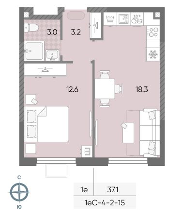 1 комн. квартира, 37.1 м², 5 этаж 