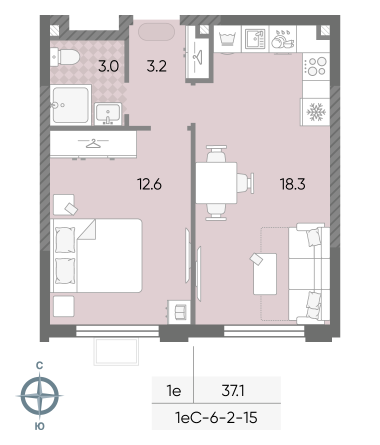 1 комн. квартира, 37.1 м², 6 этаж 