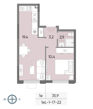 1 комн. квартира, 35.9 м², 17 этаж 
