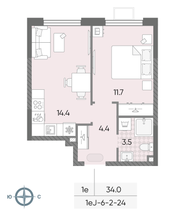 1 комн. квартира, 34 м², 8 этаж 