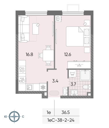 1 комн. квартира, 36.5 м², 2 этаж 