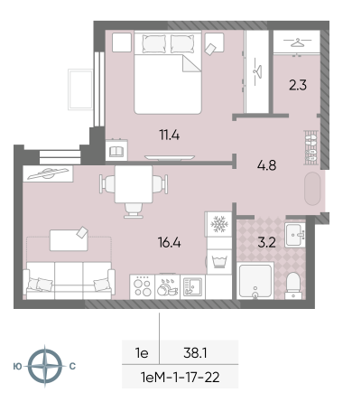 1 комн. квартира, 38.1 м², 17 этаж 