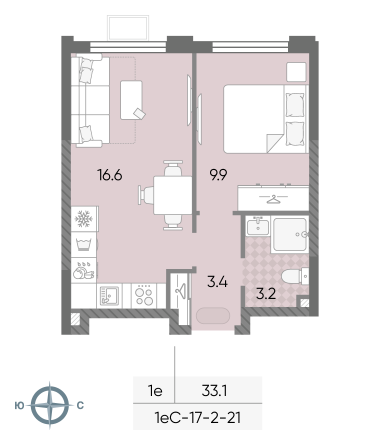 1 комн. квартира, 33.1 м², 21 этаж 