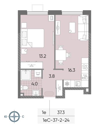 1 комн. квартира, 37.3 м², 2 этаж 