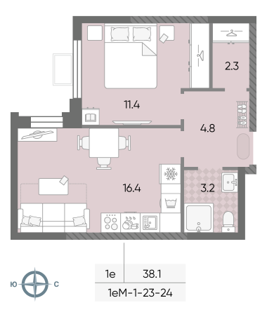 1 комн. квартира, 38.1 м², 23 этаж 