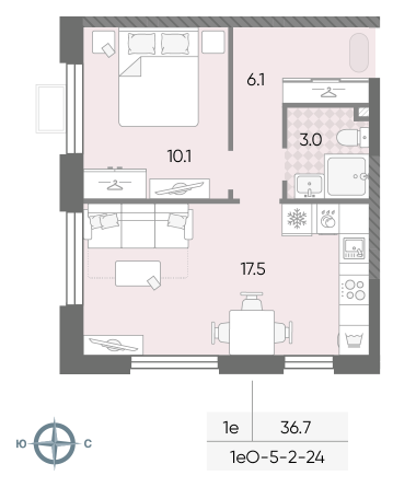 1 комн. квартира, 36.7 м², 2 этаж 