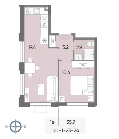 1 комн. квартира, 35.9 м², 23 этаж 