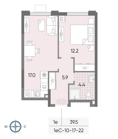 1 комн. квартира, 39.5 м², 17 этаж 
