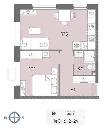 1 комн. квартира, 36.7 м², 2 этаж 