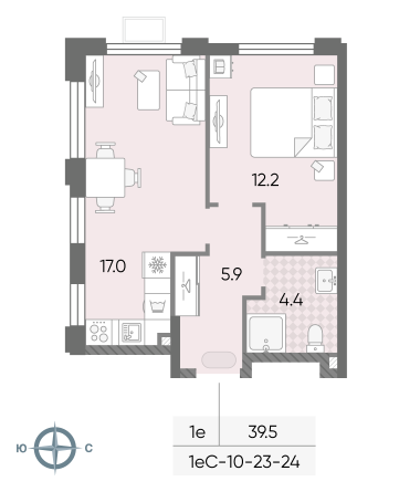 1 комн. квартира, 39.5 м², 23 этаж 