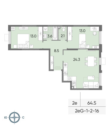 2 комн. квартира, 64.5 м², 2 этаж 