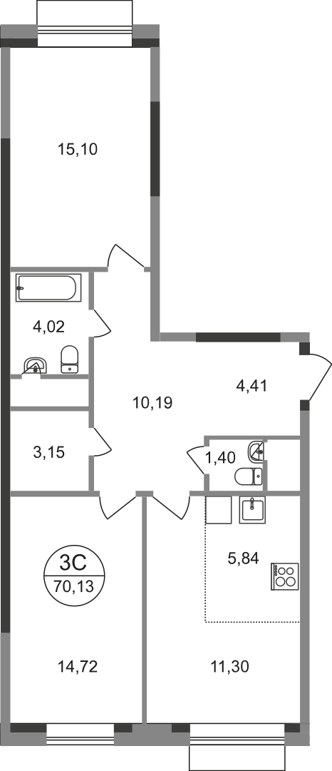 3 комн. квартира, 70.1 м², 14 этаж  (из 22)