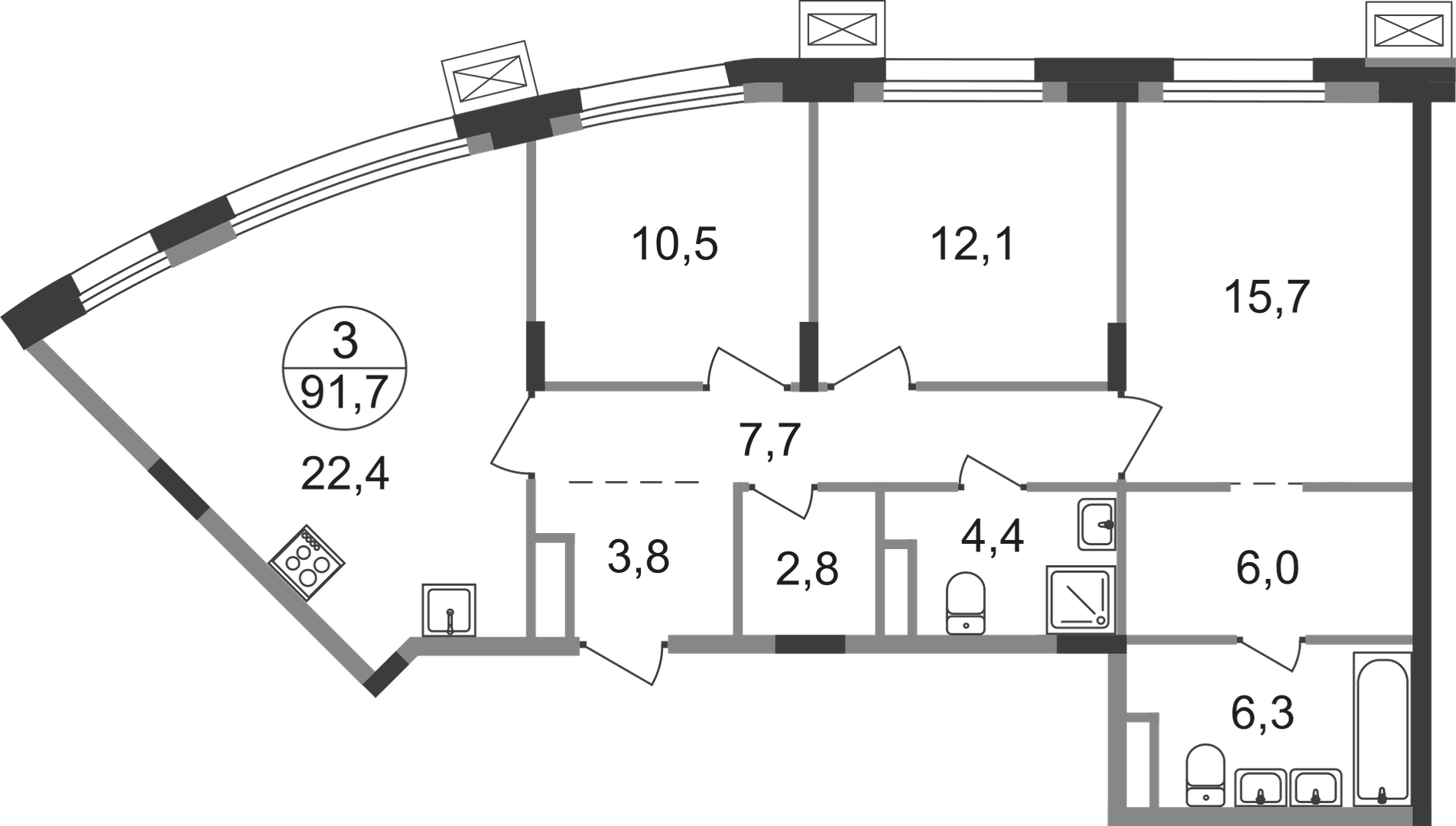 3 комн. квартира, 91.7 м², 8 этаж  (из 9)