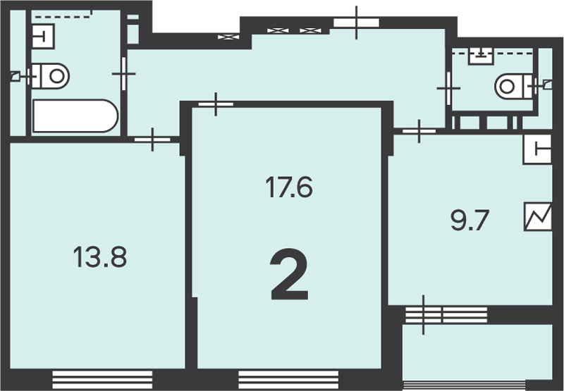 2 комн. квартира, 55.1 м², 1 этаж 