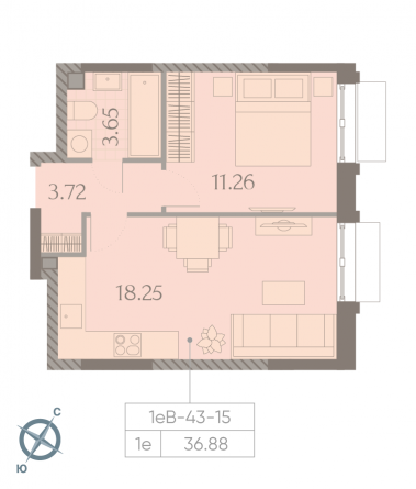 1 комн. квартира, 36.9 м², 15 этаж 