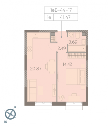 1 комн. квартира, 41.5 м², 17 этаж 