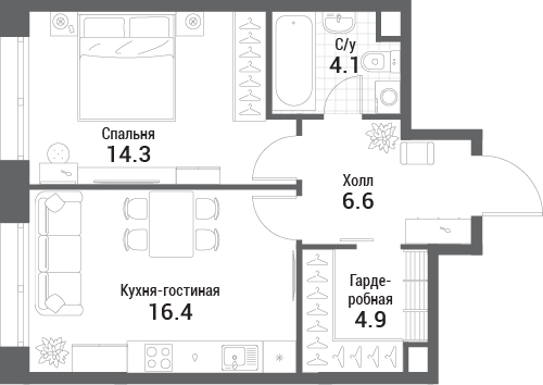 1 комн. квартира, 46.3 м², 21 этаж 