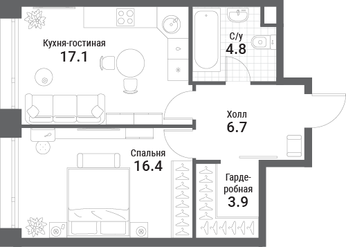 1 комн. квартира, 48.9 м², 33 этаж 