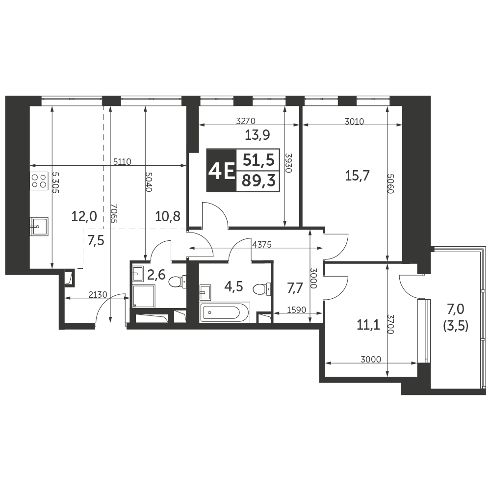 4 комн. квартира, 89.3 м², 13 этаж 