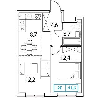1 комн. квартира, 41.6 м², 14 этаж 