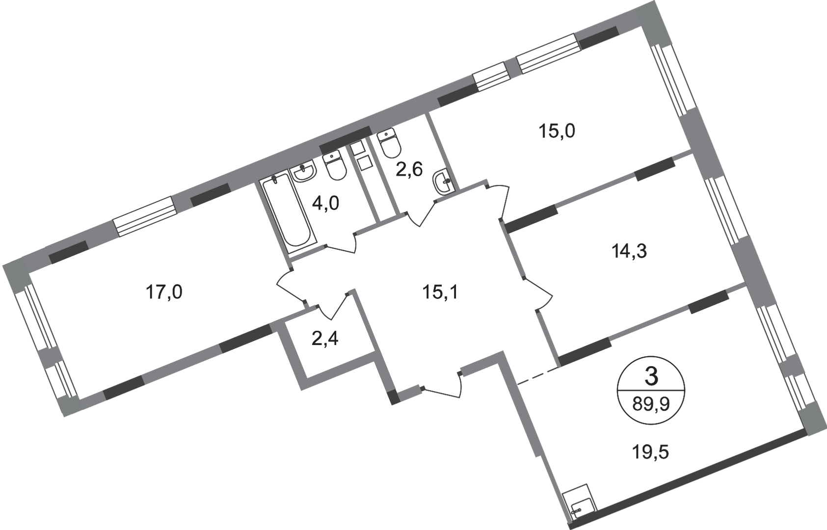 3 комн. квартира, 89.9 м², 11 этаж  (из 17)