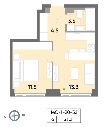 1 комн. квартира, 33.3 м², 32 этаж 