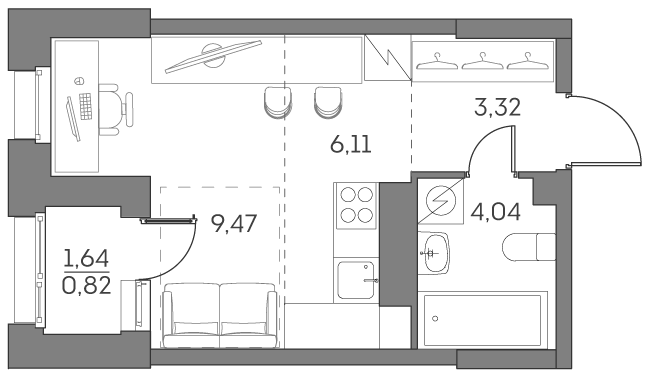 1 комн. квартира, 23.8 м², 3 этаж 