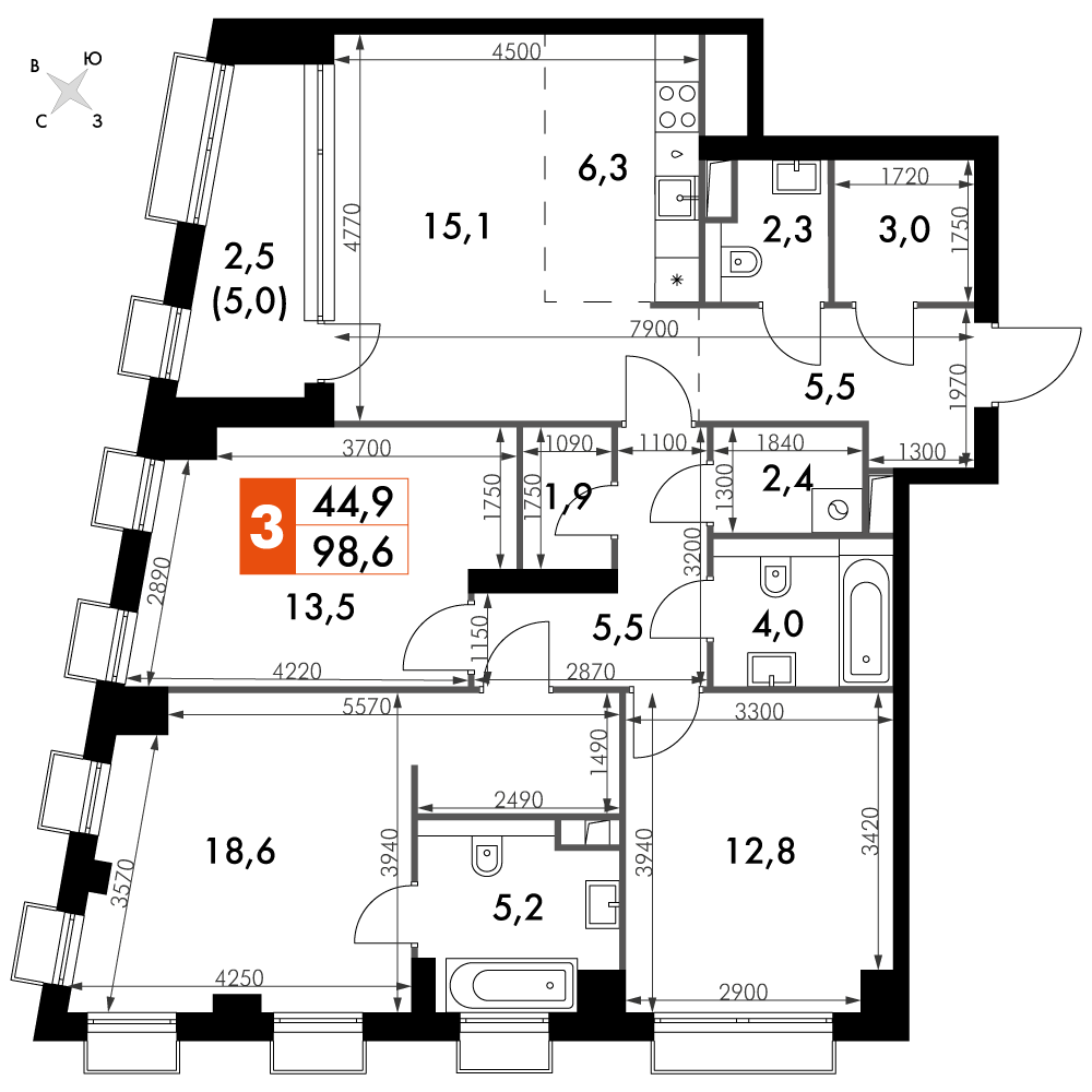 3 комн. квартира, 98.6 м², 2 этаж 