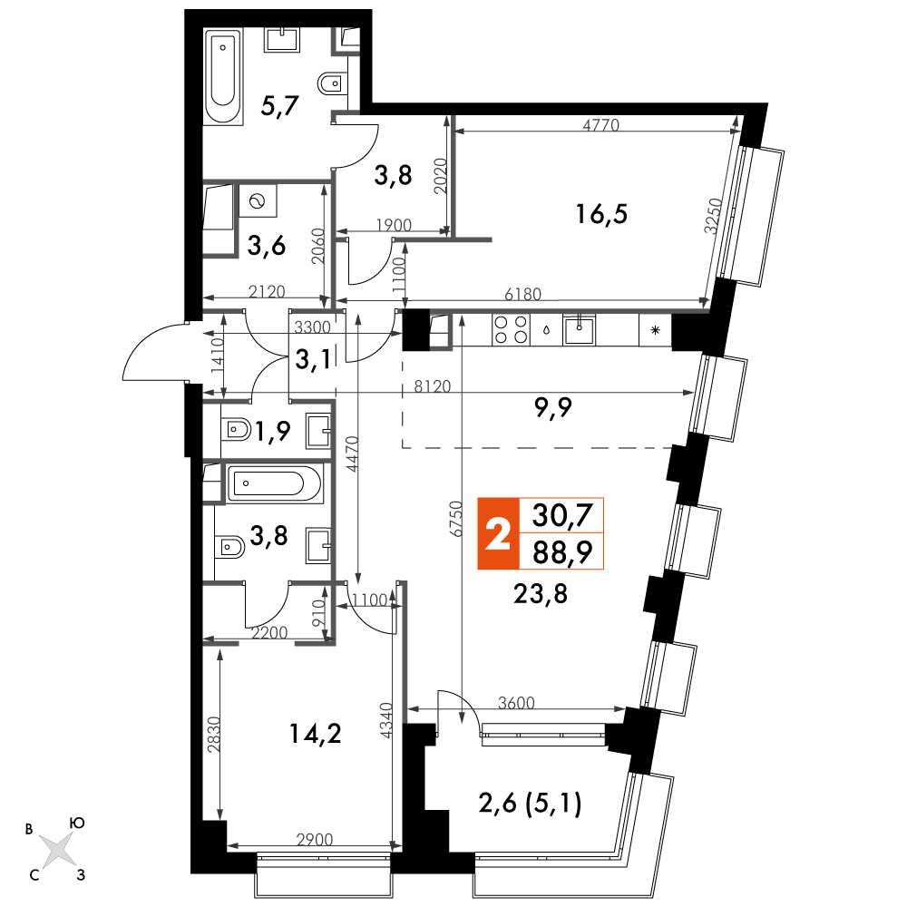 2 комн. квартира, 88.9 м², 17 этаж 