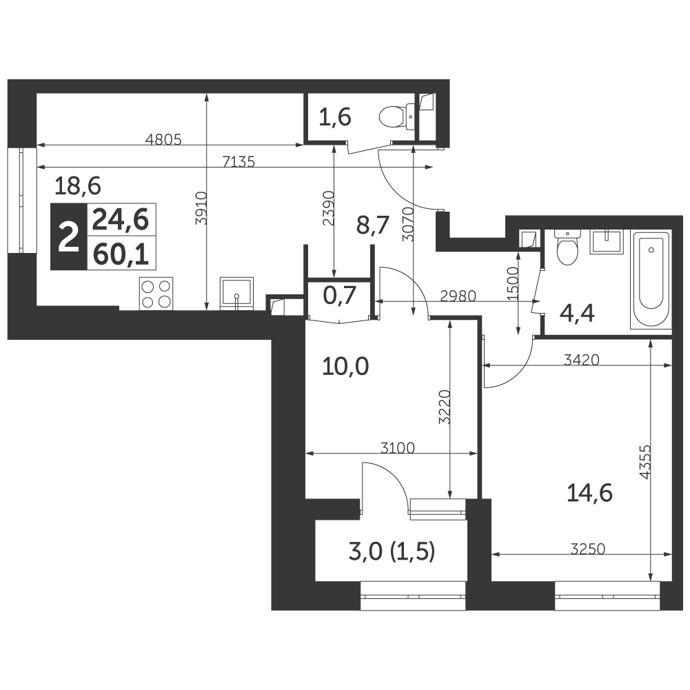 2 комн. квартира, 60.1 м², 20 этаж 